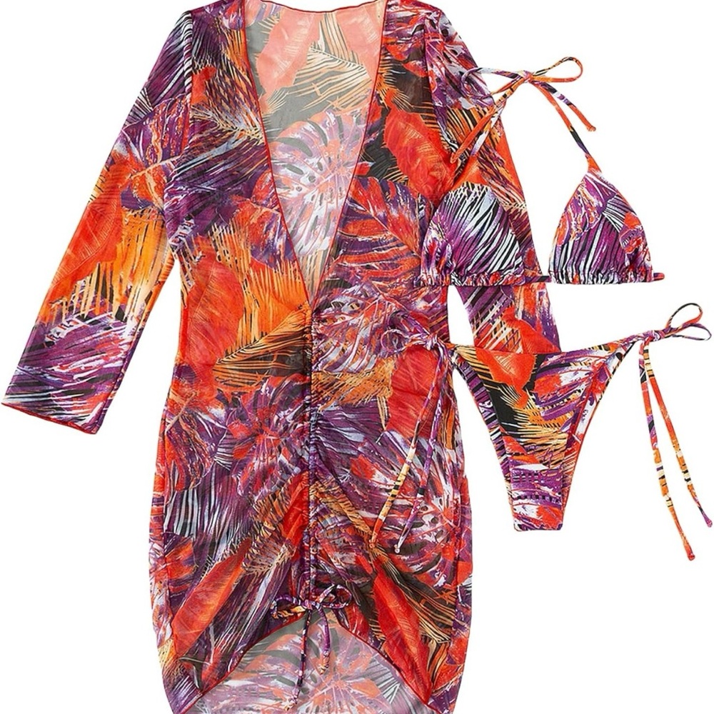 SOLY HUX Printed Triangle Halter Bikini Bathing Suit with Cover Up 3 Piece S-Lg.
